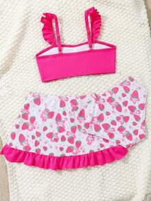 SHEIN 4pcs/Set Young Girls Swimsuit Set, Spring/Summer Beach Swimwear Set, New Arrival. Includes Spaghetti Strap Swimsuit Top, Bottoms, Cover-Up Skirt, And Sun Hat. Adorable Strawberry Pattern Makes Girls Cuter, Ruffled Hem Adds Sweet And Lovely Touch. Strawberry Pattern Is Very Cute. Strawberry Bathing Suit Girls 2 Piece Swim Suits One Piece Of Bathing Suit Fruit With Skirt Kid Kids Strawberry Swimsuit - Hot Pink - View 2