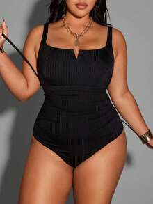 Shapewave Plus Size Solid Color Wide Ribbed Fabric Spaghetti Strap Criss-Cross Back Casual One-Piece Swimsuit - Black - View 3