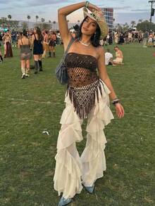 Aloruh 女士新款纯棕色钩针披肩抹胸上衣，亮片装饰流苏拼接优雅派对波西米亚风海滩度假装 - 棕色 - 查看 9