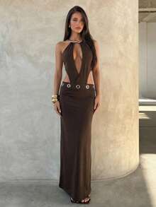 Aloruh 女士新款长裙，纯棕色无袖连衣裙，镂空装饰性感深V领连衣裙，优雅波西米亚Y2K风格连衣裙，春夏款 - 棕色 - 查看 2