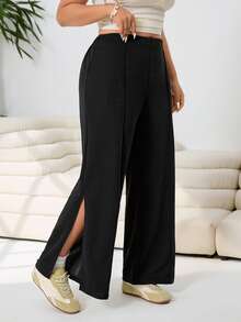 Solflare 春夏新款休闲宽松针织裤，侧开衩设计，适合户外、日常、派对、音乐节、返校、毕业典礼、度假、通勤、街头穿搭、婚礼、居家休闲、逛街、城市漫步等场合，大码，黑色 - 黑色 - 查看 5