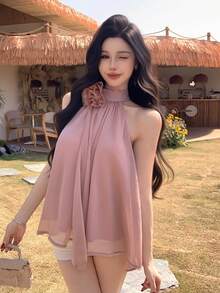 SHEIN K-Vae Elegante blusa de verano con cuello halter y flores 3D - Rosa coral - Ver 3