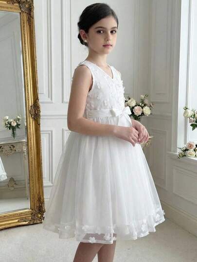 Pitira Tween Girls' Elegant Fashion White, Sleeveless, Patchwork, Tulle Floral Dress; Elegant, Suitable For Parties, Weddings, Flower Girls/Bridesmaids.