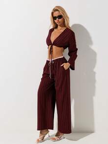 SHEIN ICON Women's Tie Waist Striped Wide Leg Loose Casual Pants - Multicolor - View 7