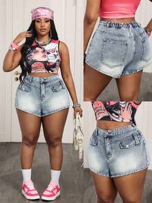 Slaydiva Quần short denim cạp cao kiểu vintage, cỡ lớn, thời trang. - Rửa nhẹ - Xem 6