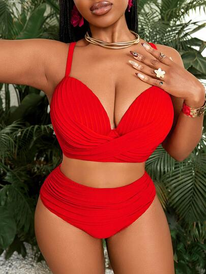 Slaydiva Conjunto de traje de baño minimalista de tiras finas rojo para mujer de talla grande, adecuado para vacaciones en la playa, primavera/verano