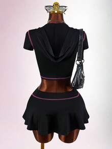 Amplova Y2K Style English Letter Front Zipper Cropped Top & Mini Skirt 2 Pieces Set For Women - Black - View 4