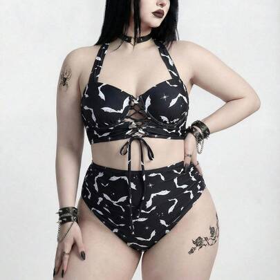 Set di costumi da bagno estivi casual da spiaggia 2026 di , con stampa animale pipistrello punk, sexy, taglie forti