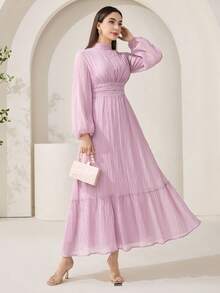 Veilorie 女士纯色立领灯笼袖腰部荷叶边下摆优雅连衣裙 - 粉色 - 查看 4