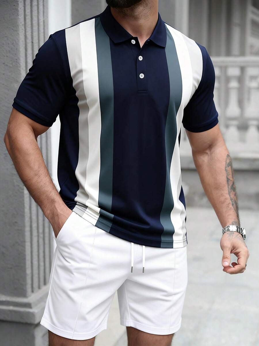 Manfinity CasualCool Bộ áo polo ngắn tay nam, thích hợp mặc ở nhà, đi chơi và tụ họp. - Xanh đậm - Xem 1