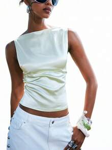 LYSMO 女士纯色船领网纱拼接露背时尚吊带衫 - 綠色 - 查看 8