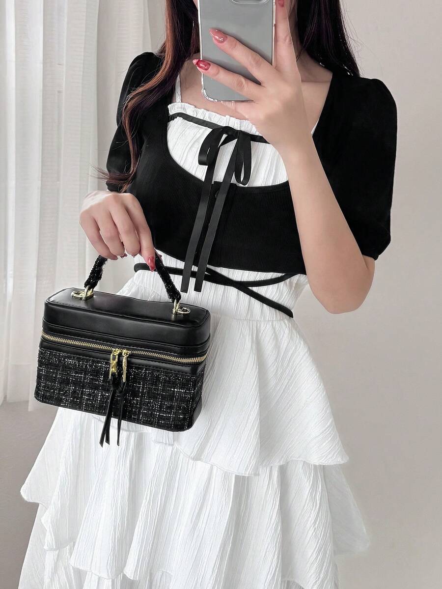 FRIFUL 女士撞色系带蝴蝶结两件套,修身显瘦,适合春夏休闲穿着,百搭时尚。 - 黑色 - 查看 1