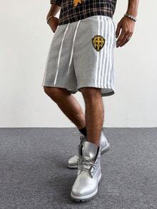 PAVTROS 男士街头风流行裤装，男友/老公日常礼物，周年纪念纪念品，条纹印花，刺绣灰色运动裤，男士短裤，灰色短裤，男士街头风短裤，男士条纹短裤，交叉拼接短裤 - 灰色 - 查看 2