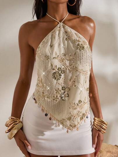 Opulessa Top ras-du-cou dos nu sexy avec broderie de paillettes pour les vacances