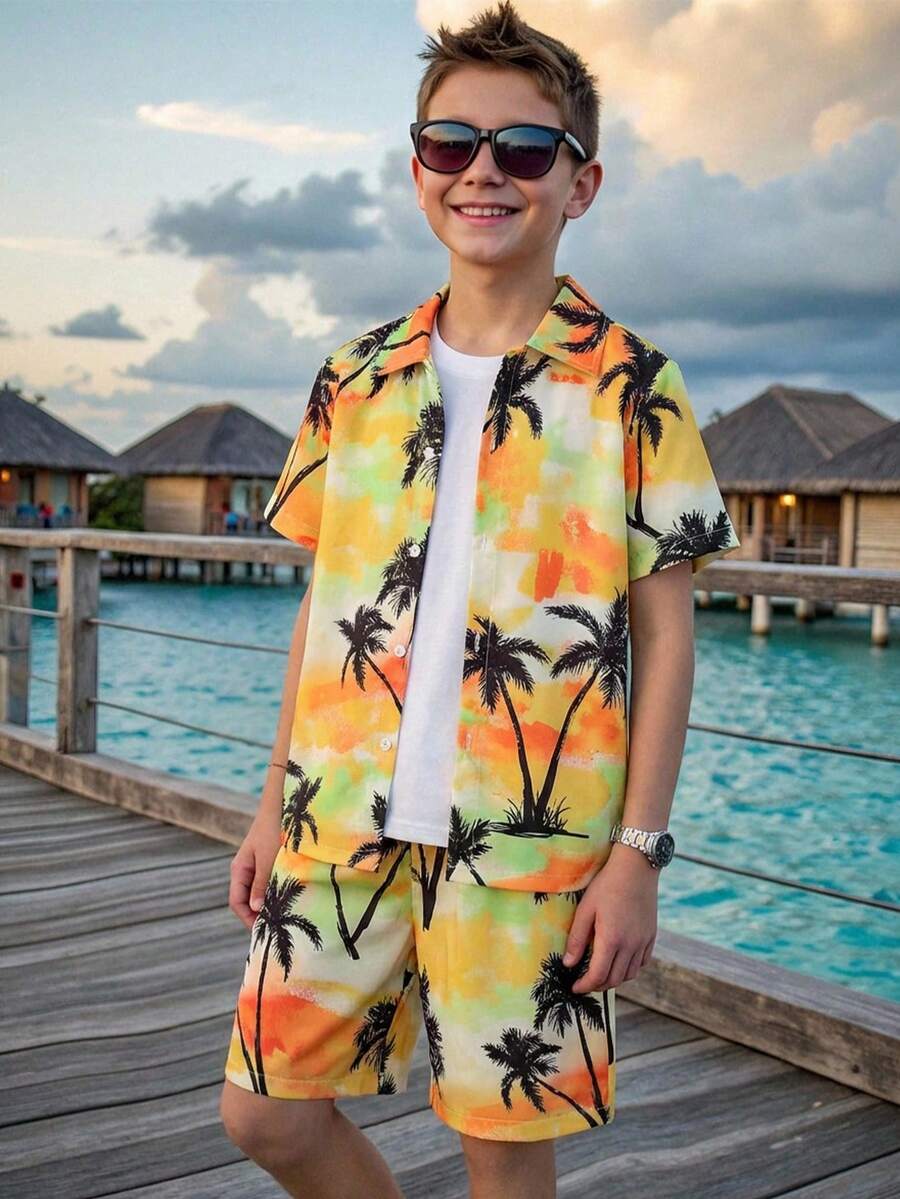 SHEIN Set 2 buc. cămașă și pantaloni scurți cu imprimeu floral, casual, pentru preadolescenti, școală/vacanță, potrivit pentru naveta, școală, sport, primăvară/vară - Multicolor - Vizualizare 1