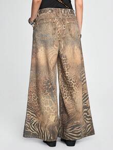 ROMWE Grunge Punk Quần jeans ống rộng cạp thấp in họa tiết da báo phong cách Bohemian cổ điển của Peris. - Nhiều màu - Xem 3