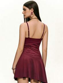 INAWLY Đầm hè nữ thanh lịch với ren tương phản, vạt áo bất đối xứng xếp nếp, dây mảnh. - Màu Đỏ Sâu - Xem 4