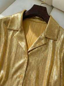 Franclia 女士奢华派对个性时尚金色缎面短袖衬衫，翻领V领宽松修身高端派对优雅衬衫 - 金色 - 查看 6