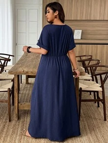 Weeklong Plus Size Women's Beaded Decor A-Line V-Neck Casual Dress, Spring/Summer - Navy Blue - View 2