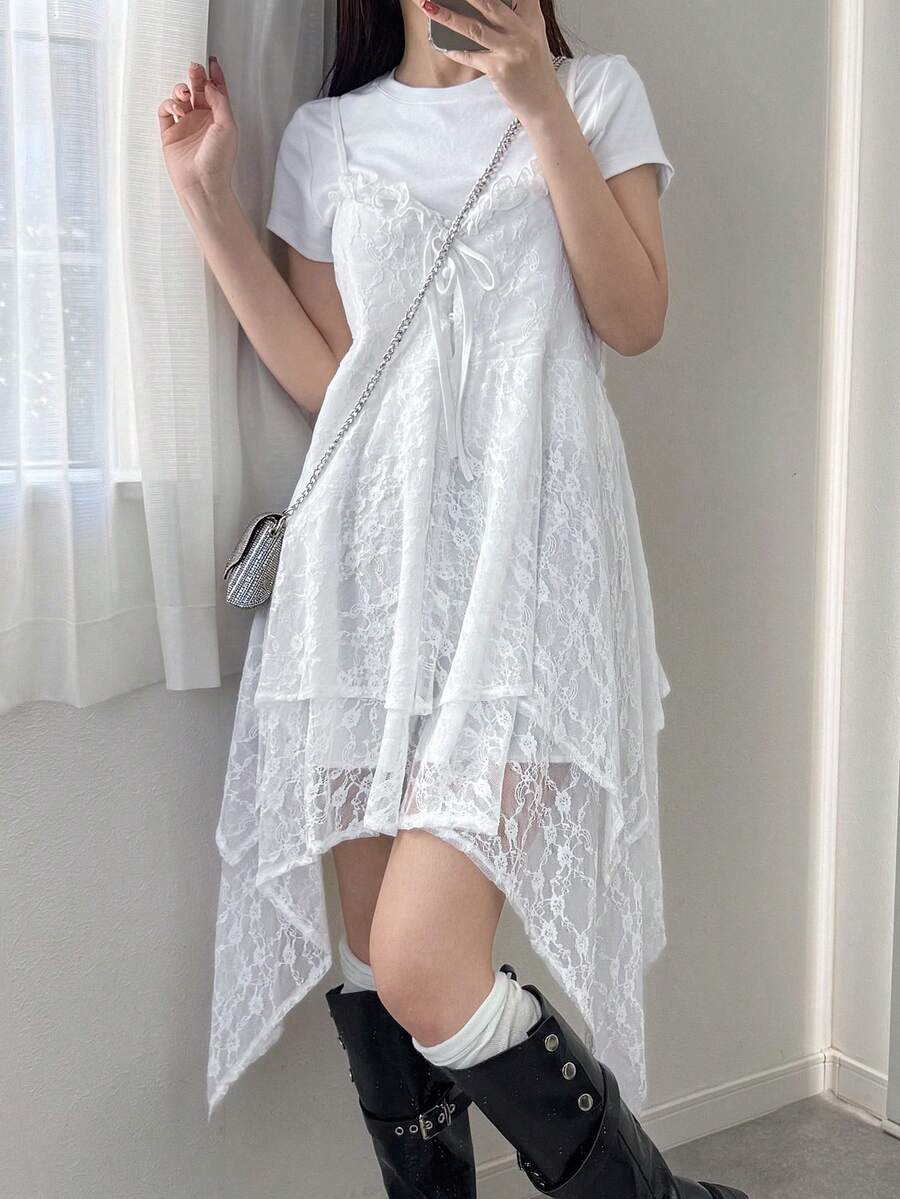 FRIFUL Women's Floral Lace Asymmetric Hem Front Tie Camisole Summer - White - View 1