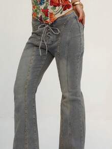 BiaLiraa 性感复古铆钉系带低腰牛仔裤 - 中等水洗藍 - 查看 3