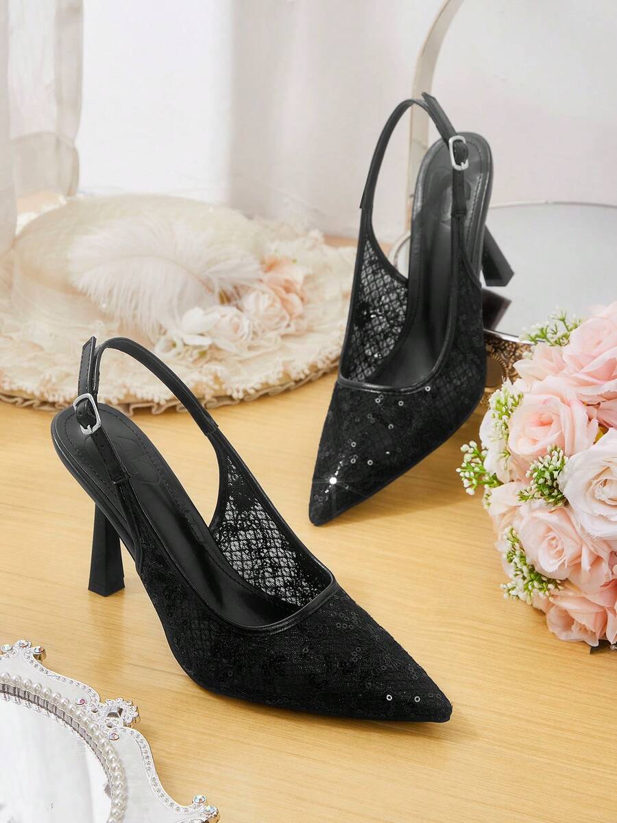 CUCCOO HITCHD 女士尖头蕾丝刺绣高跟鞋，优雅浪漫白色女士浅口鞋，新娘婚礼场合高跟鞋 - 黑與白 - 查看 1