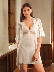 Crystal Vow Lace Panel Flounce Sleeve Belted Mesh Robe & Cami Dress Pajama Set Without Lingerie White Set Bridallingerie - White - View 4