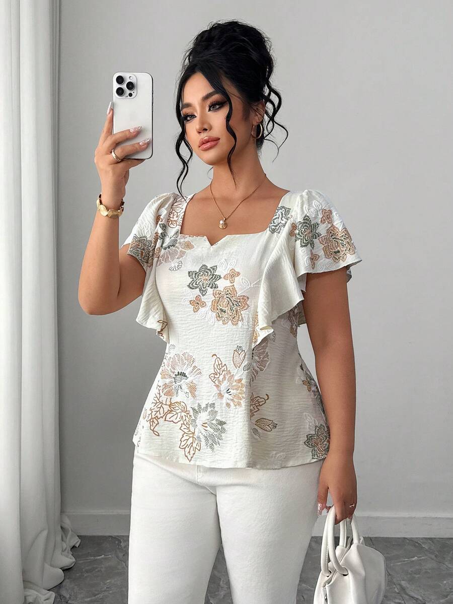Elenzga Elegant Plus Size Peplum Blouse For Women Summer Multicolor Plant Pattern Notched Neck Ruffle Puff Cap Sleeves Woven Top,Tea Party Casual - Beige - View 1