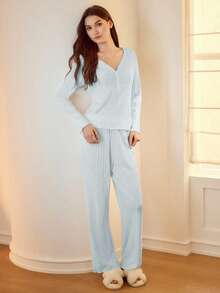 MOTF PREMIUM Bộ đồ ngủ nữ thoải mái, tay dài, có gân gồm áo và quần dài. - Màu xanh nhạt - Xem 6