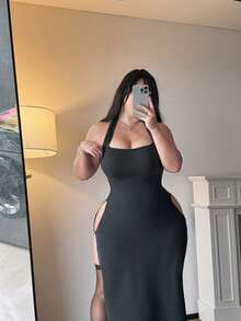 Vibekara 性感夏季露背吊带高开衩连衣裙 - 黑色 - 查看 8