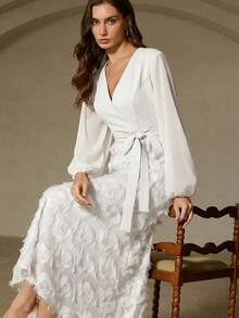 Aveloria Rosie Nuevo vestido elegante y de moda con mangas largas, parches y flecos - Blanco - Ver 1