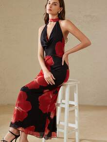 Aveloria Rosie Đầm hở lưng cổ yếm, kiểu dáng mới, gợi cảm, thanh lịch với họa tiết hoa lớn ngẫu nhiên. - Nhiều màu - Xem 1