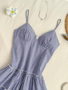 Elamini 女士格子V领收腰吊带连衣裙，夏季 - 藍色 - 查看 5