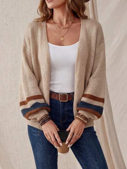 EMERY ROSE Women's Long Sleeve Colorblock Striped Cardigan, Casual Daily Wear,Long Sleeve Tops,Knitted Sweater In Fall/Winter