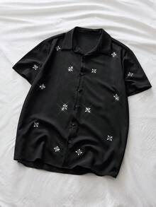 AXEPEAK Men's Casual All-Over Print Front Button Short Sleeve Shirt, Summer - Black - View 7