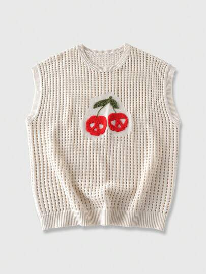 ROMWE MEN سترة صدرية مطرزة بالكرز مخرمة للرجال