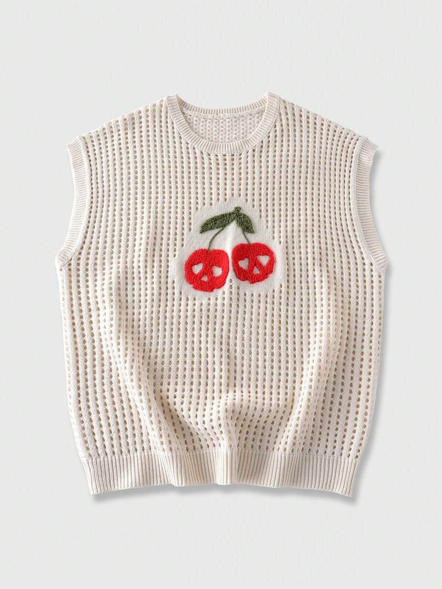 ROMWE MEN Áo vest nam dệt kim khoét lỗ thêu hình quả anh đào - Màu be - Xem 1