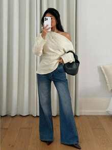 Siren Gaze 100%纯棉米白色不对称肩部女式上衣 - 优雅褶裥腰身简约风格衬衫，适合秋、春、夏度假、海滩穿着，完美适用于约会、派对、办公、婚礼宾客及旅行等场合。 - 彩色 - 查看 4