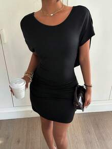 Siren Gaze Robe mini décontractée sans dos avec nœud, couleur unie, mode d'été pour femmes - Noir - Voir 2