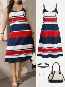 SHEIN LUNE 大码女式夏季条纹连衣裙，V领，中长款，侧开衩，航海风休闲连衣裙 - 彩色 - 查看 2