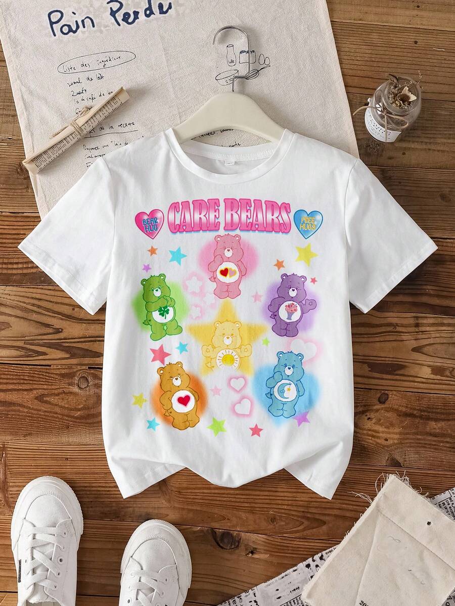 SHEIN X Care Bears 少女圆领短袖休闲T恤，带图案 - 白色 - 查看 1