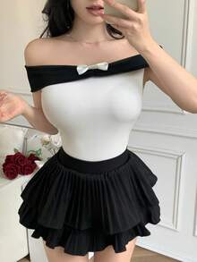 Celisse Camiseta ajustada de mujer con hombros descubiertos, lazo y acanalada, en negro y blanco - Blanco - Ver 7