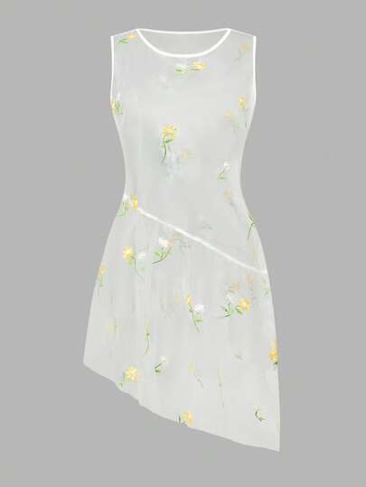 K-Vae 女士夏季新款甜美花卉刺绣网纱连衣裙，宽松修身无袖短裙