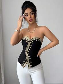 Selianne Elegantes schwarzes trägerloses Korsett mit Stickereimuster als Außenschicht. Korsett Tops Korsett Tops für Frauen Neuestes Outfit für Frauen Sexy Tops Sexy Tops für Damen Damen Korsett Laser Cut Korsett Korsett Outfit Korsett XXS Korsetts für Frauen - Schwarz - Übersicht 4