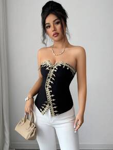 Selianne Elegantes schwarzes trägerloses Korsett mit Stickereimuster als Außenschicht. Korsett Tops Korsett Tops für Frauen Neuestes Outfit für Frauen Sexy Tops Sexy Tops für Damen Damen Korsett Laser Cut Korsett Korsett Outfit Korsett XXS Korsetts für Frauen - Schwarz - Übersicht 7