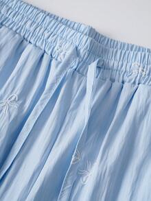 Lyxana Women's Solid Color Casual Bow Embroidered Straight Leg Pants - Blue - View 4