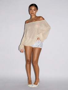 SHEIN ICON Y2K 女士沙滩度假外出 Coachella 俱乐部沙滩装串珠宽松镂空长袖衬衫，夏季 - 杏色 - 查看 6