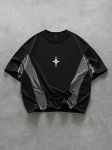 PAVTROS 男士圆领短袖T恤，黑灰撞色，正面简约印花，宽松短款；男士短款T恤；男士圣徒衬衫；反光衬衫；街头风星形衬衫 - 黑色 - 查看 3