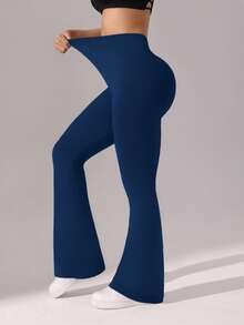Easithlete High Waist Pleated Tight Fit Flare Leg Sports Pants - Blue - View 5
