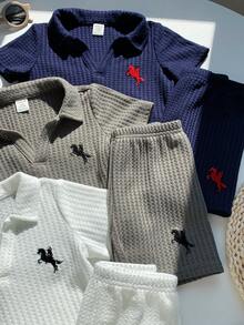 SHEIN 6件套男女宝宝休闲日常针织衫套装，Polo领短袖针织上衣和短裤套装，春夏男宝宝服装，套装 - 彩色 - 查看 6